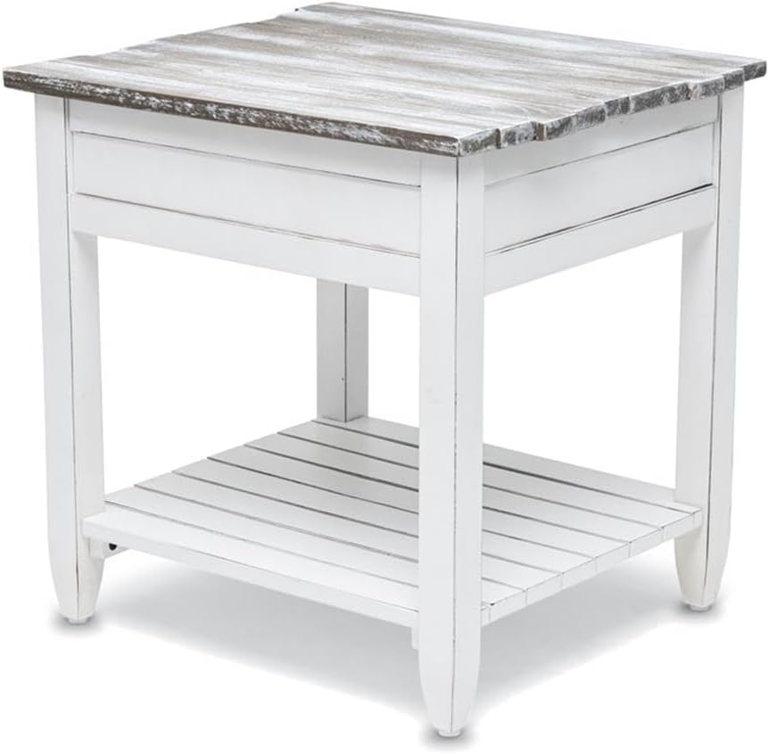 Pemberly Row Contemporary Wood End Table with Drawer, White/Gray Finish, 24" H x 22" W x 24" D, Solid Mindi and White Cedar Wood, Coastal Style, Textured Design, Ball Bearing Glides, Living Room Side