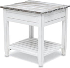 Pemberly Row Contemporary Wood End Table with Drawer, White/Gray Finish, 24" H x 22" W x 24" D, Solid Mindi and White Cedar Wood, Coastal Style, Textured Design, Ball Bearing Glides, Living Room Side
