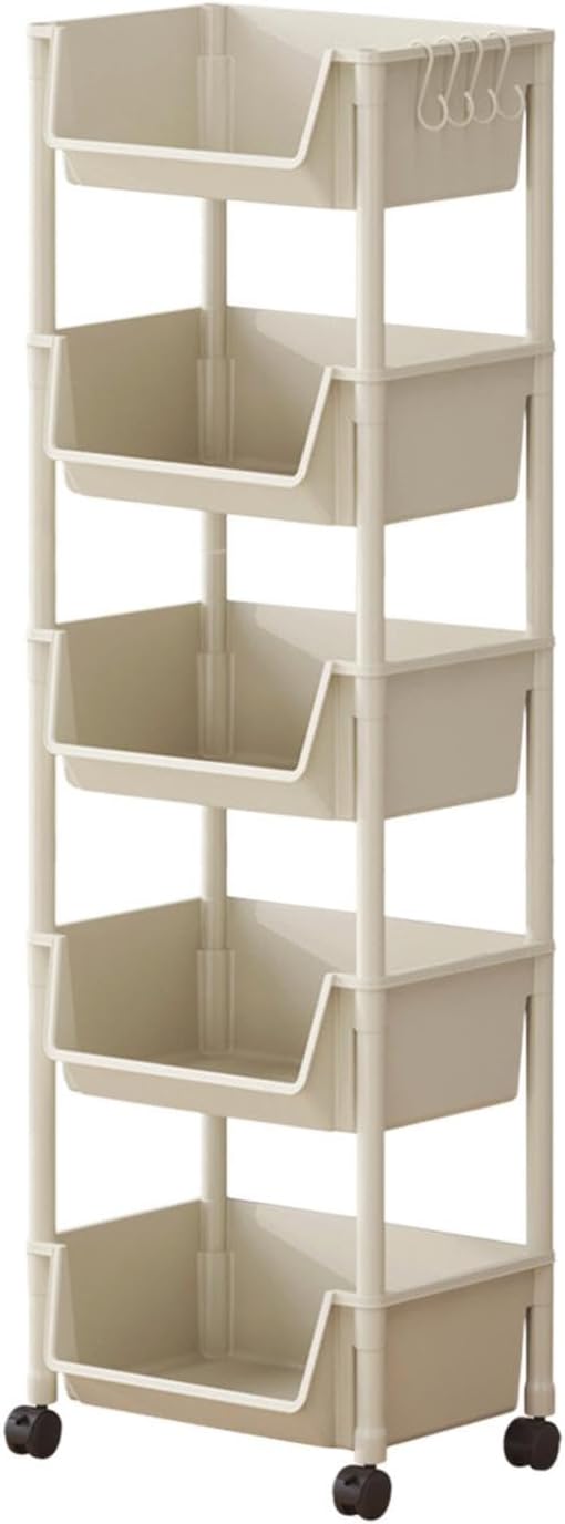 5-Tier Plastic Rolling Cart with Wheels, Multi Layer Storage Cart, Multi-Functional High-Borders Storage Trolley, Durable and Stable, Tiered Cart for Bathroom,Laundry, Living Room