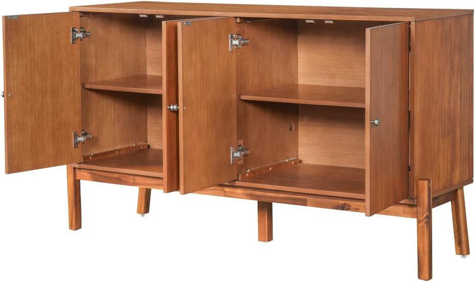Saiveina Vintage Sideboard Buffet Cabinet, 56.8" W X 18" D X 34.2" H, 4-Door Storage Cabinet with Metal Handles, MDF & Acacia Veneer, Brown Finish for Dining Room or Living Room