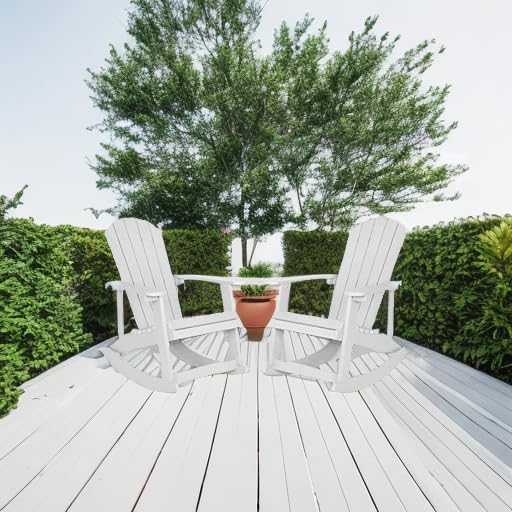 Flash Furniture Savannah Poly Resin Wood Adirondack Rocking Chair - All Weather White Polystyrene - Stainless Steel Hardware - Set of 2