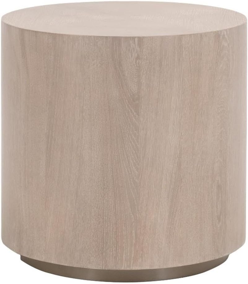 Pemberly Row Round Oak Veneer End Table, 22 in Diameter, Natural Gray Finish, Brushed Silver Metal Base, Diamond Pattern Top, Sleek Contemporary Design, Living Room Furniture