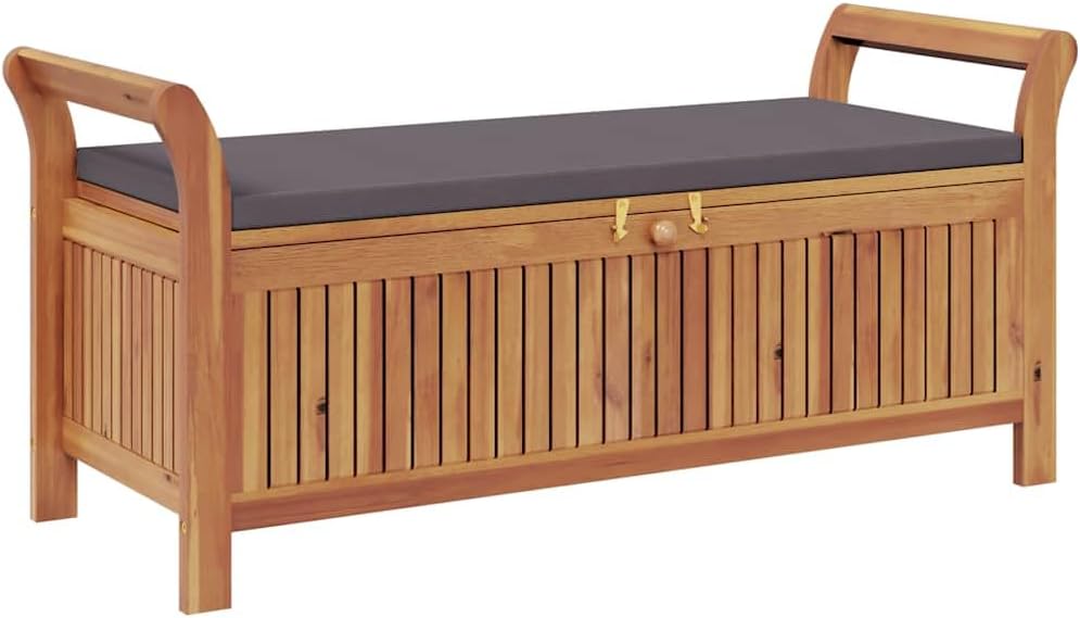 Solid Acacia Wood Patio Storage Bench with Cushion, Curved Arms, and Ample Storage Space for Garden Organization