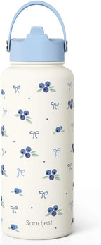 Blueberry Water Bottle Stainless Steel 32oz with Lid & Straw, Fruits Aesthetic Insulated Bottles Gifts for Girls Friends Teens Birthday Christmas