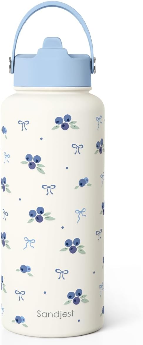 Blueberry Water Bottle Stainless Steel 32oz with Lid & Straw, Fruits Aesthetic Insulated Bottles Gifts for Girls Friends Teens Birthday Christmas