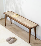 Entryway Bench, Solid Wood Kitchen Dining Bench, Mid Century Modern End of Bed Bench with Rattan Woven Top for Bedroom, Dining Room, Entry Way, 39.37" L x 11.2" W x 17.7" H, Walnut