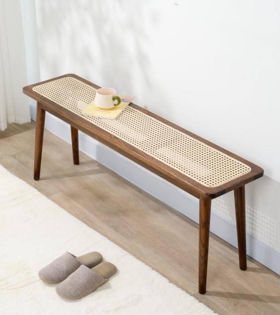 Entryway Bench, Solid Wood Kitchen Dining Bench, Mid Century Modern End of Bed Bench with Rattan Woven Top for Bedroom, Dining Room, Entry Way, 39.37" L x 11.2" W x 17.7" H, Walnut