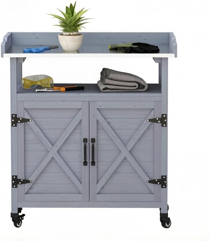 Backyard Storage Cabinet Wooden Outdoor Patio Storage Cabinet Rolling Potting Bench with Wheels Country Garden Potting Table Workstation
