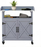 Backyard Storage Cabinet Wooden Outdoor Patio Storage Cabinet Rolling Potting Bench with Wheels Country Garden Potting Table Workstation