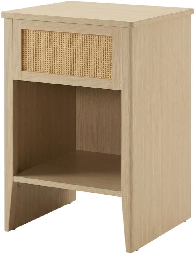 Furnifact Rattan Accent Side Table with Drawer Storage, Open Shelf, Modern Design, Home Decor for Living Room or Bedroom