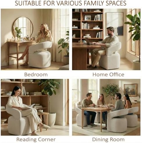 KISLOT Upholstered Dining Chairs Set of 1, Modern Rolling Dining Chairs with Hidden Casters, Arm Kitchen Chairs with Linen Look Fabric, Padded Barrel Chairs for Dining Room, Kitchen, Bedroom, Ivory