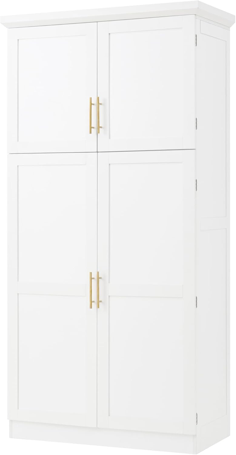 71" Kitchen Pantry Storage Cabinet, Freestanding Farmhouse Pantry Cabinet with 4 Doors, 2 Door Shelves, 8 Pull-Out Trays and Adjustable Shelf for Kitchen, Dining Room (White)