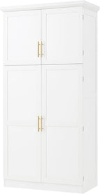 71" Kitchen Pantry Storage Cabinet, Freestanding Farmhouse Pantry Cabinet with 4 Doors, 2 Door Shelves, 8 Pull-Out Trays and Adjustable Shelf for Kitchen, Dining Room (White)
