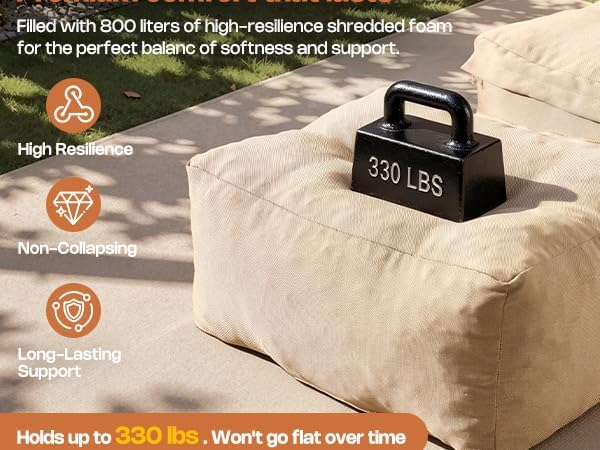Outdoor Indoor Bean Bag Chair with Ottoman, 2-in-1 Lounge Beanbag with Foam Filling, Waterproof Outdoor Bean Bag & Full-Body Support for Patio Deck Poolside Backyard, Beige