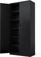 VINGLI Metal Garage Storage Cabinet with 2 Doors and 5 Adjustable Shelves, 71" Tall Steel Lockable File Cabinet, Locking Tool Cabinets for Home Office Garage Gym School (Black)