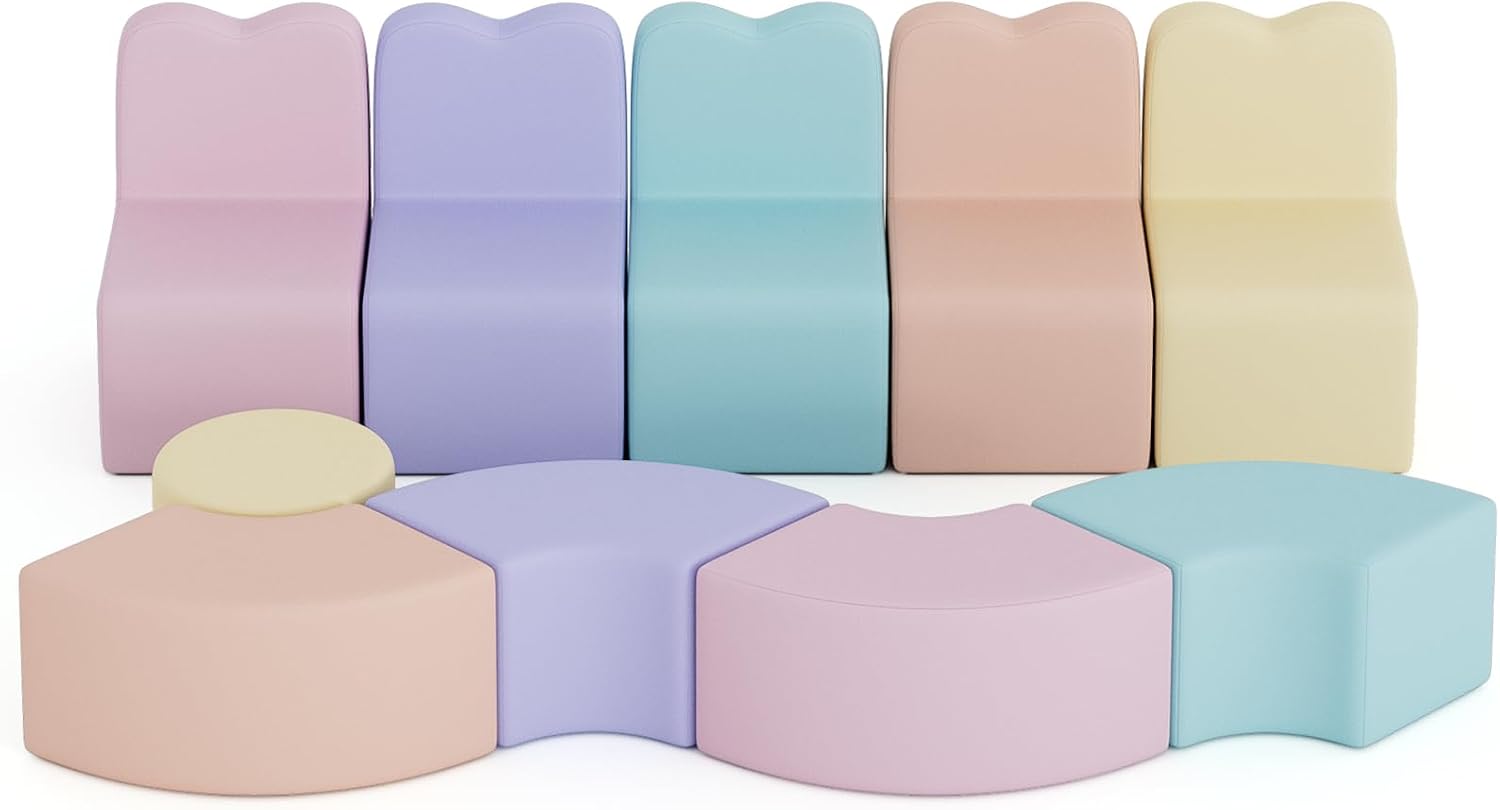 UMOMO MX-02 10 PCS Kids Sofa Set, Daycares Chairs for Toddlers Activities, Colorful Modular Flexible Seating Set for Home Preschool Playroom