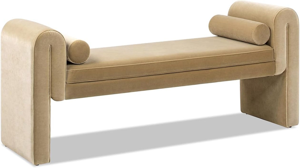 60.5" Arched Arm Bench with Bolster Pillows, Camel Brown Beige Performance Velvet