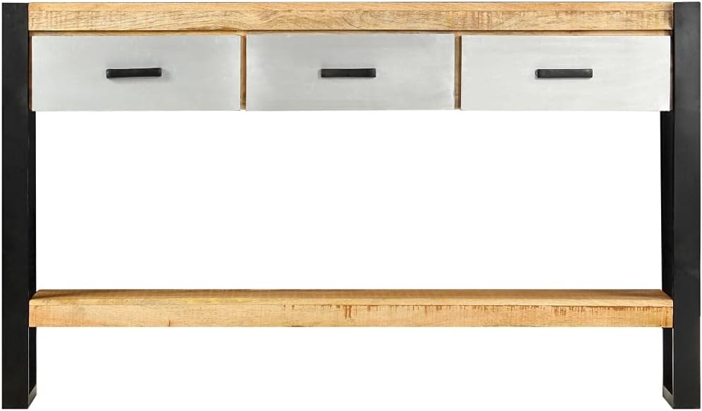 3 Drawer Console Table for Living Room, Brown Console Table with 3 Drawers, Black Iron Legs Grey
