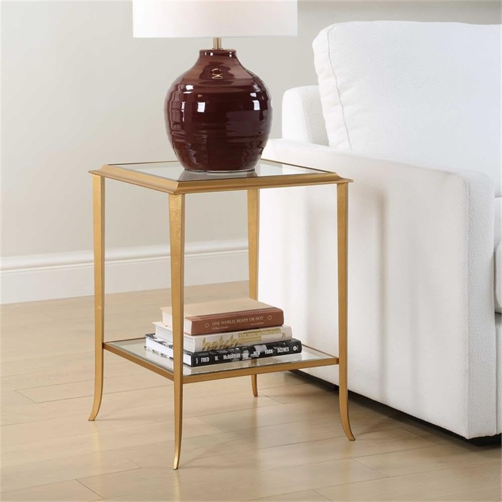 Pemberly Row Contemporary End Table, Iron Frame, Radiant Gold Leaf Finish, Beveled Tempered Glass Shelves, Flared Design, Durable Living Room Side Table