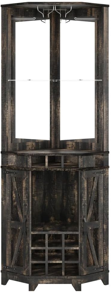SOFTSEA Farmhouse Kitchen Pantry Cabinet with Barn Door, 72" Tall Corner Bar Cabinet with Acrylic Mirror, Wine Cabinet with Glass Rack, for Living Room Dining Room, 19.7x19.7x72 Inch, Walnut