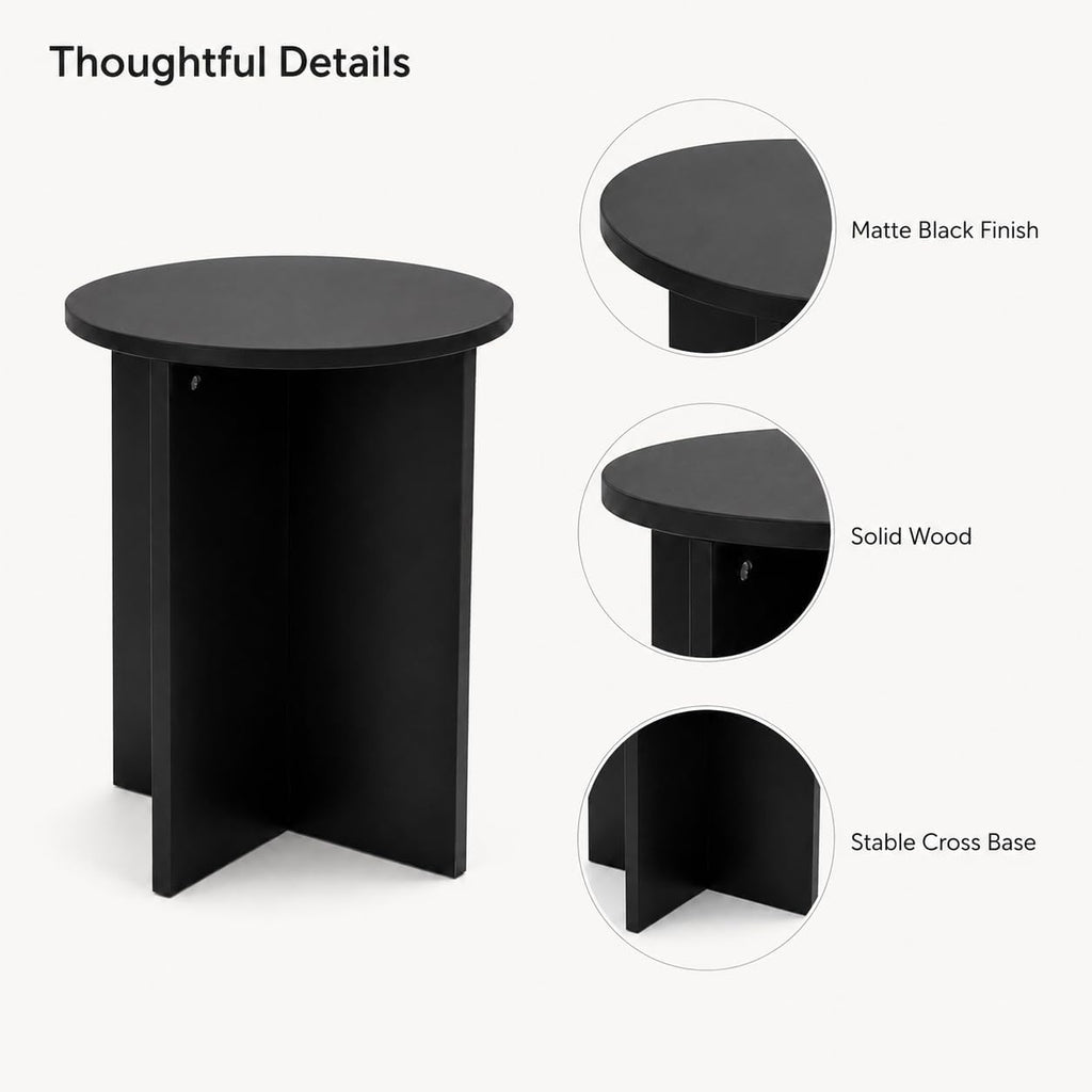 Black Round Side Table, Solid Rubber Wood Small End Table, 15.7" D | 19.7"H accent table for living room, bedroom, small spaces, sofa side or bedside; compact round top with stable cross base