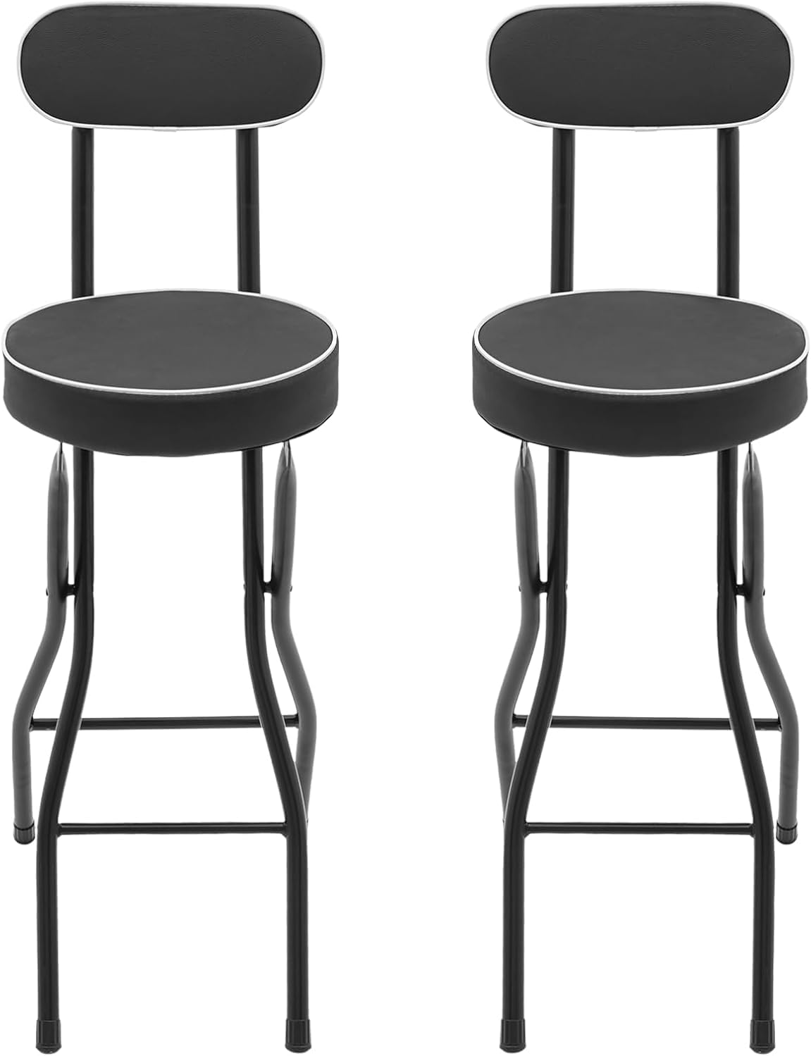 2 Pcs Folding Bar Stool with Backrest & Footrest, 25.6'' Portable Collapsible Counter Height Chair Leather Padded for Home Camping Kitchen Island Shop Cafe, 275.58 lbs Capacity (Black)