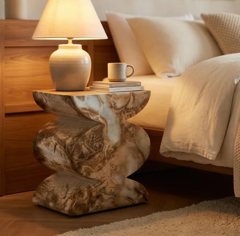 Modern Faux Marble End Table in Onyx Brown Side Table for Indoor and Outdoor | Weatherproof | 18.1'' H x 15.0'' W x 15.0'' D | White, Cream, Brown, Tan, Beige