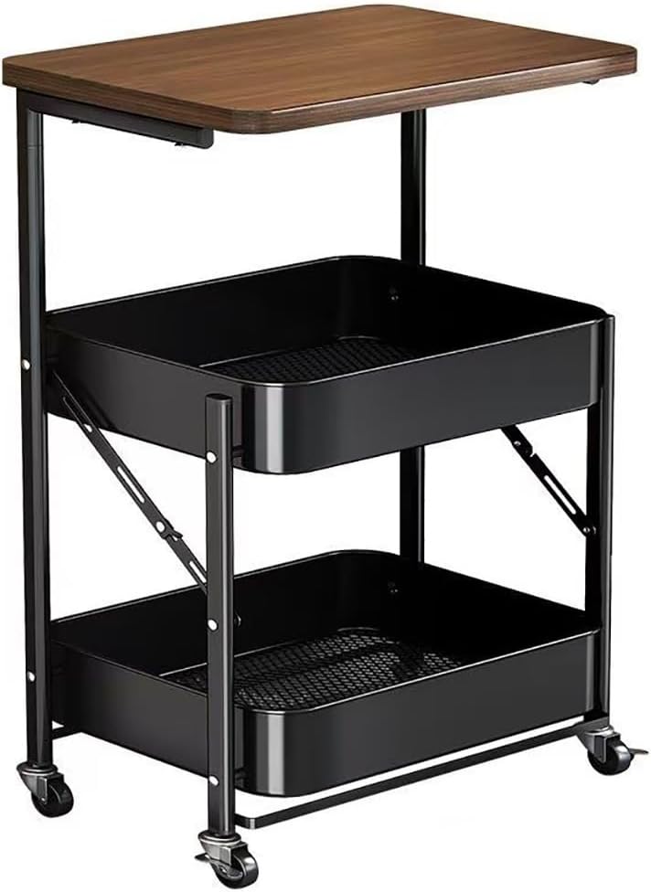 Foldable Narrow Modern Sofa Table with Open Storage Shelves, Movable Side Table End Table Snack Tables for Small Spaces Living Room Bedroom Bedside Balcony Kitchen(Black)