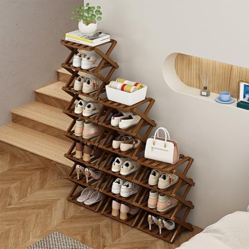 The 9-Tier No-Assembly Bamboo Rack, Bamboo Shoe Storage Rack Shoe Storage Bag, Foldable Accordion Corner Shoe Shelf for Shoes, Books, Plants, Save Space, Easy to Use (Yellow, 9)