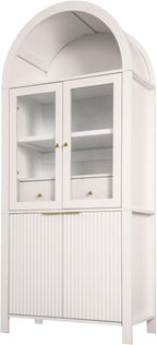 71" Tall Arched Pantry Cabinet with Adjustable Shelves, Kitchen Storage with Glass Doors, Modern Fluted Cabinet with Drawer, Display Unit for Kitchen, Dining Room