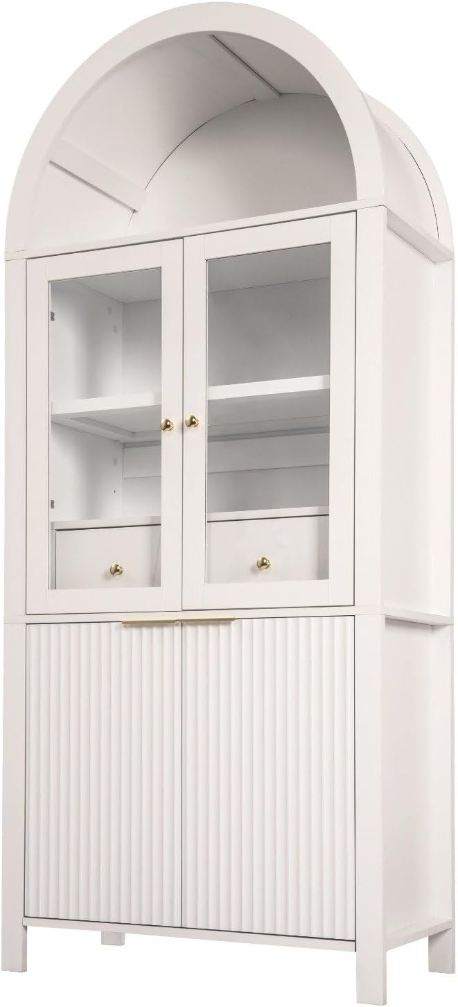 71" Tall Arched Pantry Cabinet with Adjustable Shelves, Kitchen Storage with Glass Doors, Modern Fluted Cabinet with Drawer, Display Unit for Kitchen, Dining Room