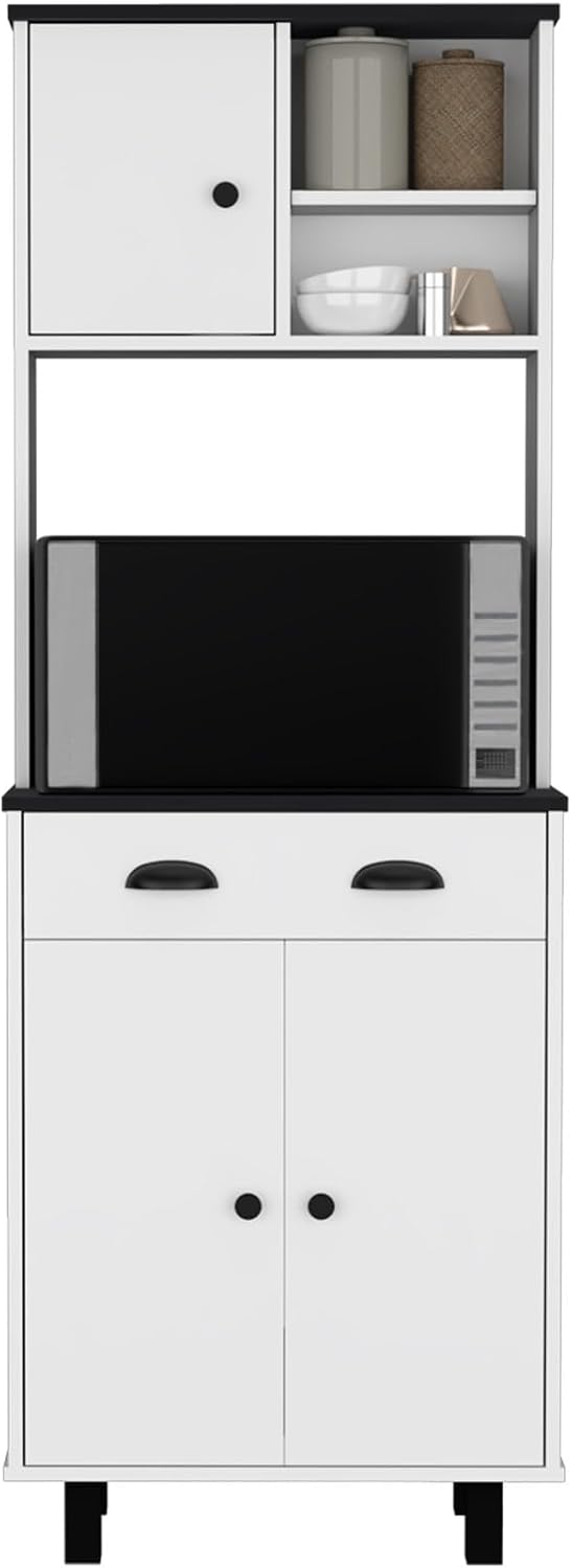 67" H Kitchen Pantry with Two Cabinets, Two Open Shelves, and One Drawer,White