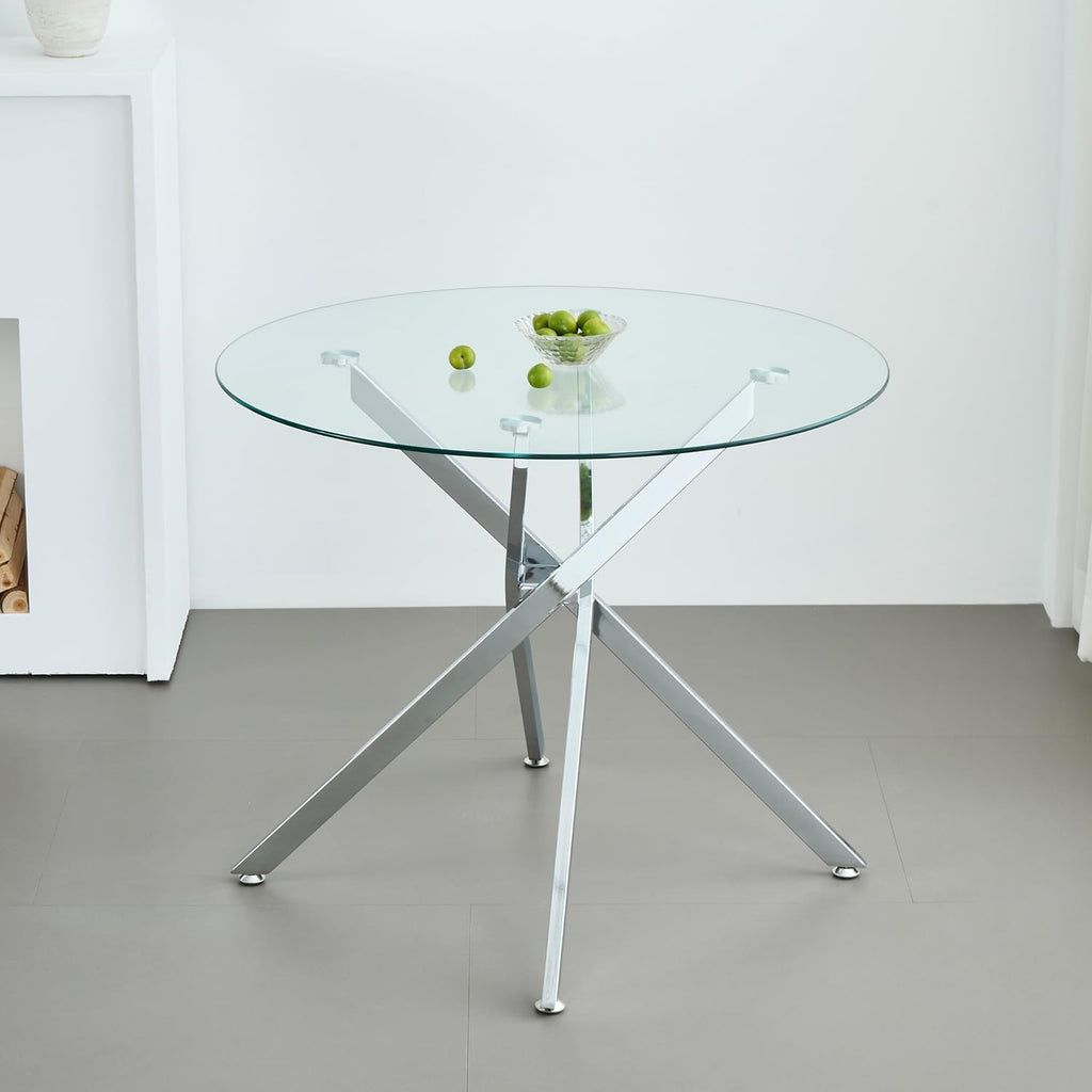 Modern Dining Table for 4 People, 36" Round Dining Table with Silver Chrome Metal X-Base, Circle Tempered Glass Dining Room Table, Small Kitchen Dining Room Tables Dinner Tables