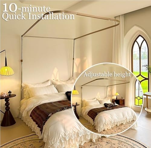 Bed Canopy Frame Set, Lace Canopy Curtains with U-Shaped Metal Frame, 3-Door Design for Bedroom Decoration