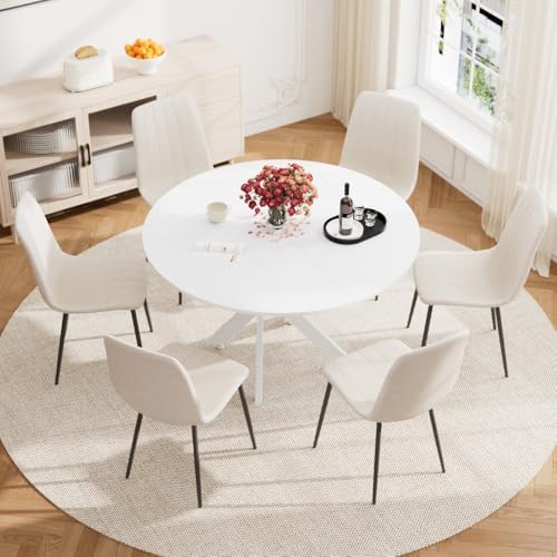 RGZ White Round Dining Table Set for 6, 7 PCS Modern Wooden Circle Kitchen Table with Steel Legs & 6 Beige Velvet Upholstered Chairs, Dinner Table for Dining Room, Living Room, Kitchen