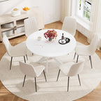 RGZ White Round Dining Table Set for 6, 7 PCS Modern Wooden Circle Kitchen Table with Steel Legs & 6 Beige Velvet Upholstered Chairs, Dinner Table for Dining Room, Living Room, Kitchen