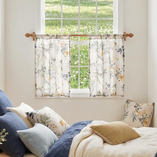 MYSKY HOME Floral Kitchen Curtains 24 Inch Length Linen Tier Curtains Farmhouse Blue Flower Patterned Small Window Treatments Airy Light Filtering Rod Pocket for Bathroom 2 Panels, Each 26" W