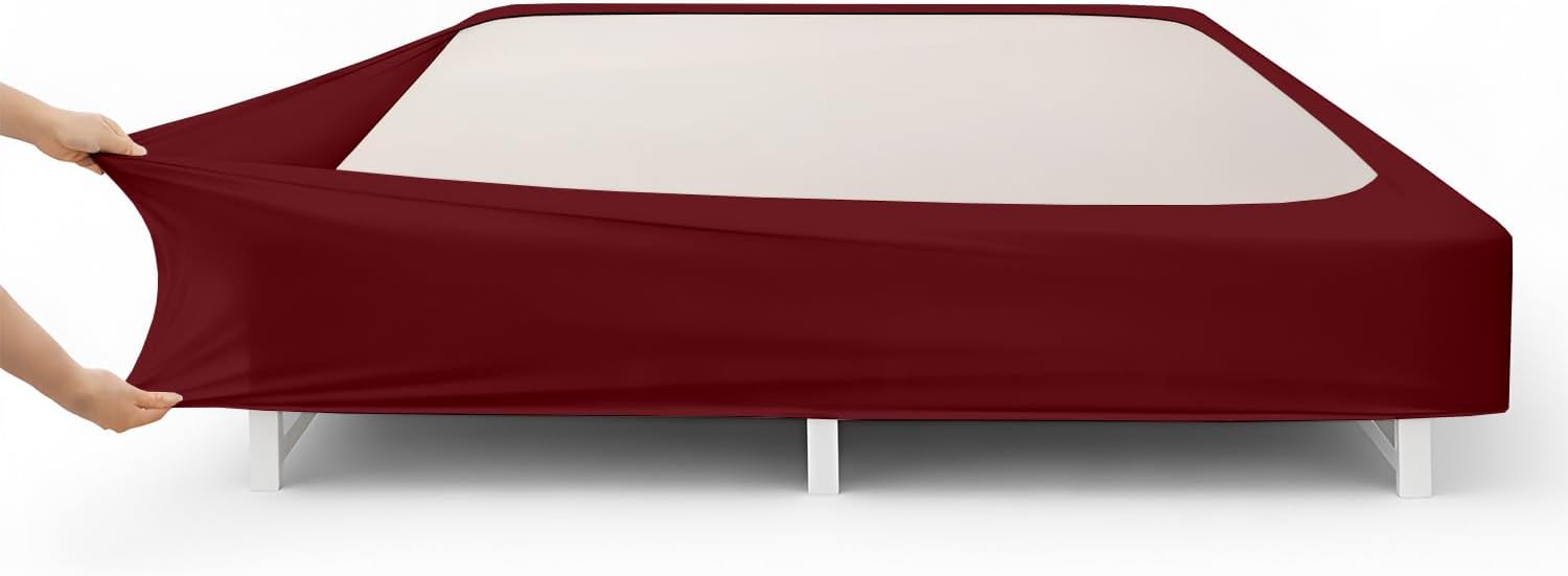 Box Spring Cover Queen Size - Jersey Knit Stretchy Wrap Around 4 Sides, Non-Slip Bed Skirt Alternative, Ultra Soft Wrinkle & Fading Resistant, Fits 4-13" Deep, Burgundy