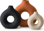 3 Pcs Ceramic Vase Rust for Modern Home Decor Round Circle Matte Boho Donut Vase for Table Decor Living Room Minimalist Nordic, 9.4", 7.7", 5.6"