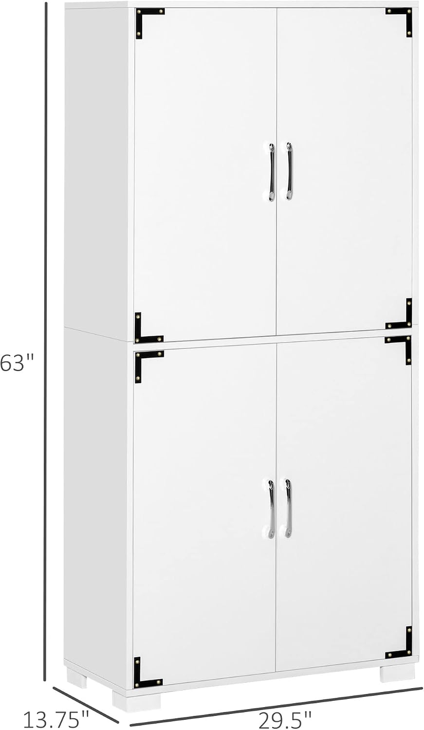 HOMCOM Industrial Kitchen Pantry Cabinet with 4 Doors and Storage Shelves, Freestanding Storage Cabinet, White