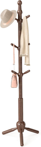 Solid Wood Coat Rack Stand, Vintage Heavy Duty Coat Hanger Stand with 9 Hooks, 3 Adjustable Size Sturdy Coat Tree for Living Room, Entryway, Office, Hallway, Brown