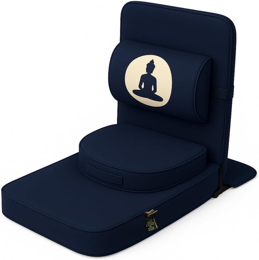 Friends Of Meditation 4-in-1 Folding Buddha Chair – Ergonomic Yoga Seat with Half-Moon Zafu, Detachable Lumbar Support & Carry Case – Navy Blue