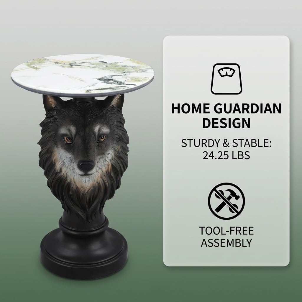 Modern Wolf Head Side Table, Artistic Animal Sculpture End Table with Faux Marble Top, Unique Fiberglass Accent Table for Living Room & Bedroom, Ideal Gift for Wolf Lovers (Realistic)