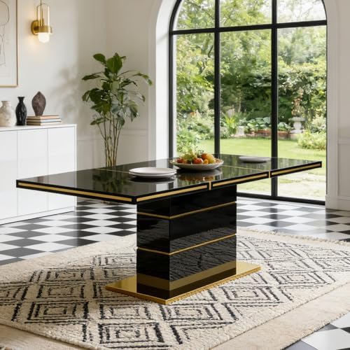 SSLine 70" Modern High Gloss Dining Table for 6, Black Wooden Tabletop with Gold Stainless Steel Trim, Geometric Pedestal Base, Luxury Elegant Kitchen Table for Home Office Dining Room