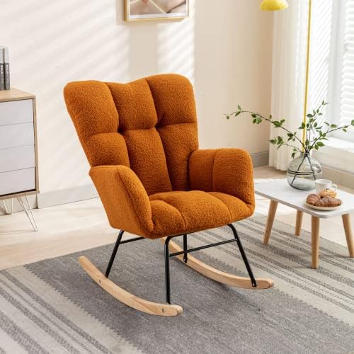 Rocking Chair, Upholstered Teddy Fabric Glider Chair, Lounge Accent Armchair with High Backrest and Thick Cushion, Accent Rocking Chairs for Living Room, Bedroom, Orange