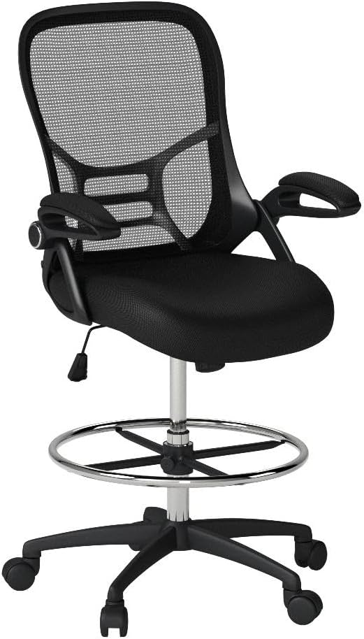 HYLONE Drafting Chair Tall Office Chair High-Back Mesh Standing Desk Stool with Adjustable Footrest Ring and Flip-Up Arms Black