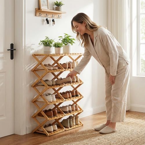 The 9-Tier No-Assembly Bamboo Rack, 3-9 Tiers Bamboo Shoe Rack, Foldable Bamboo Vertical Shoe Organizer, Multifunctional & Space-Saving, For Entryway, Closet, Corner, Bedroom, Hallway (Walnut, 9Tiers)