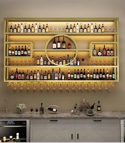 55in Modern Wine Rack Wall Mounted, Metal Wall Bar Shelves for Liquor Bottles with Glass Holder, Multifunctional Wood Bar Shelves Wall Mounted for Home Bar, Dining Room & Kitchen, Gold