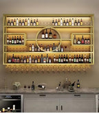 55in Modern Wine Rack Wall Mounted, Metal Wall Bar Shelves for Liquor Bottles with Glass Holder, Multifunctional Wood Bar Shelves Wall Mounted for Home Bar, Dining Room & Kitchen, Gold