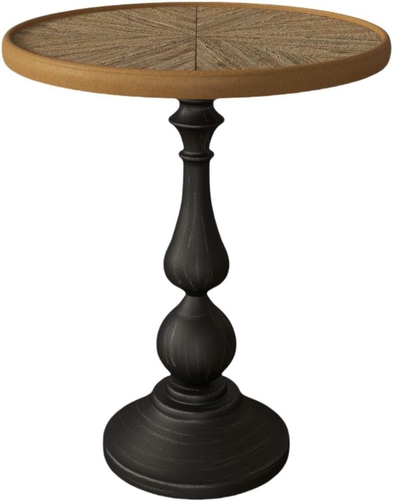 Vintage Round Accent Table with Carved Wood Detailing and Black Pedestal Base, 19.9” Diameter, 23.4” Height - Ideal for Living Room or Entryway Decor